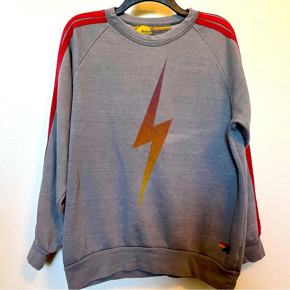 Aviator Nation Gray Sweatshirt with Red Stripes and Lightning Bolt